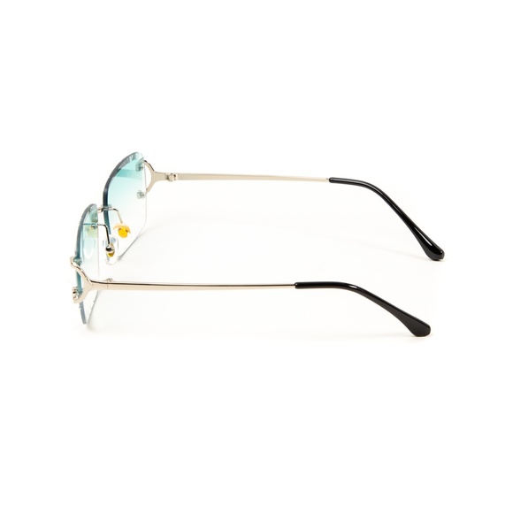 Gem Cut Turquoise Tint Gold Frame Hip Hop Rimless Luxury Rectangle Sunglasses - Picture 4 of 5